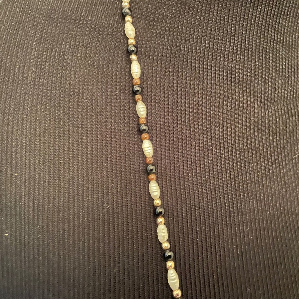 Vintage Long Beaded Opera Necklace White Rice Pearl Black Onyx Gold Tone 33 Inch - Picture 3 of 5